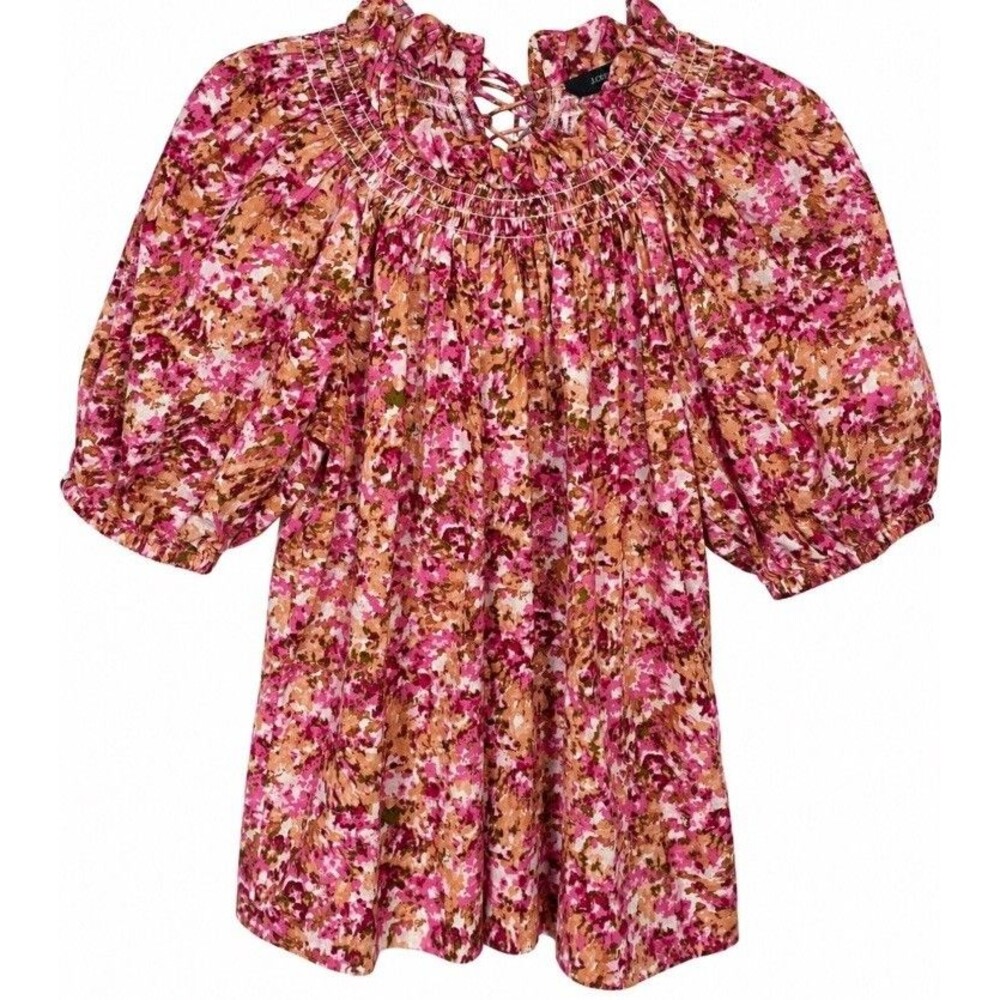 J. Crew Women’s S Pink Floral Blouse Smocked Ruffle Puff Sleeve Cottagecore